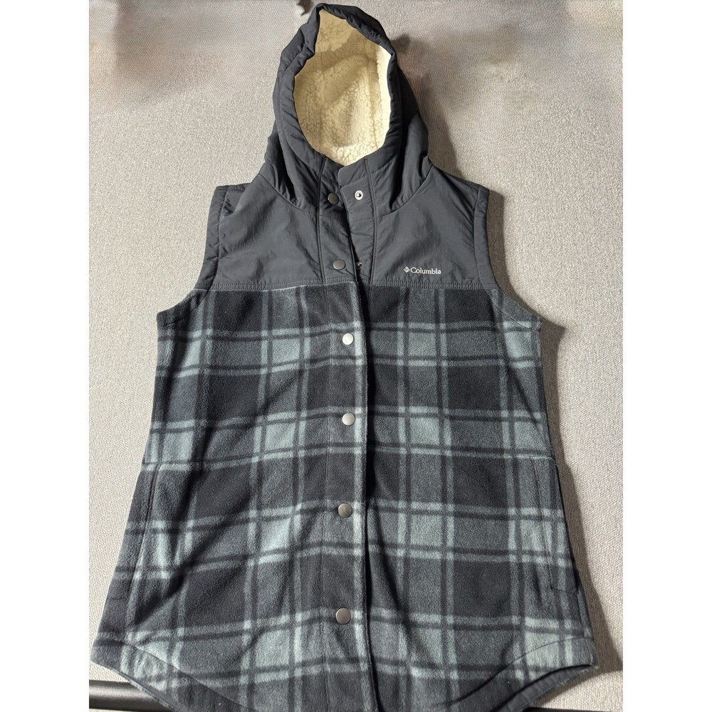 Columbia Womens Black And Gray Plaid Hooded Fleece Vest Sherpa Lined Size Large